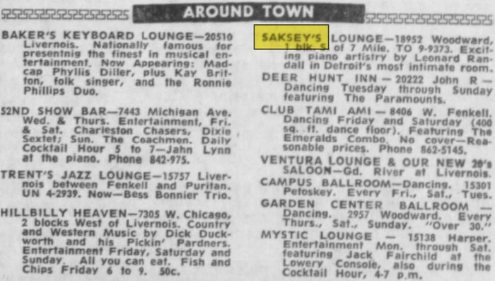 Sakseys Lounge & Restaurant (Sakseys Supperclub, Rampart St) - June 1962 Listing